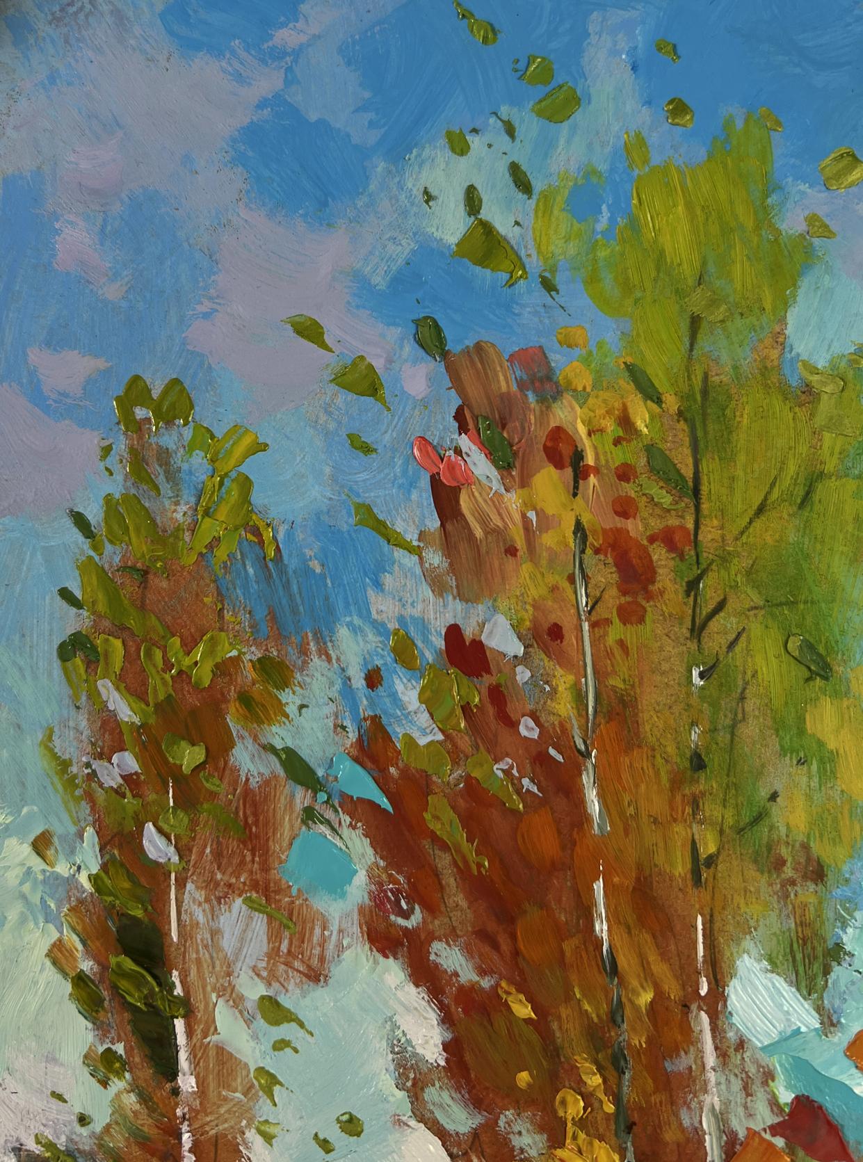 Vibrant impressionist oil painting of autumn birch grove by Yuriy Suprunchuk