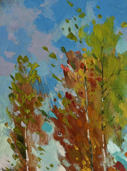 Vibrant impressionist oil painting of autumn birch grove by Yuriy Suprunchuk