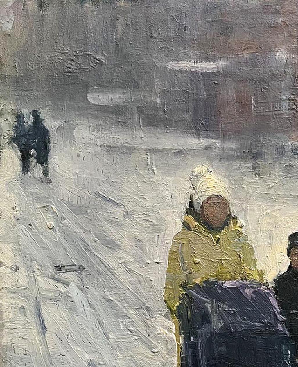 Oil painting Quiet Conversation by Volodymyr Pashchenko: yellow coat in snow