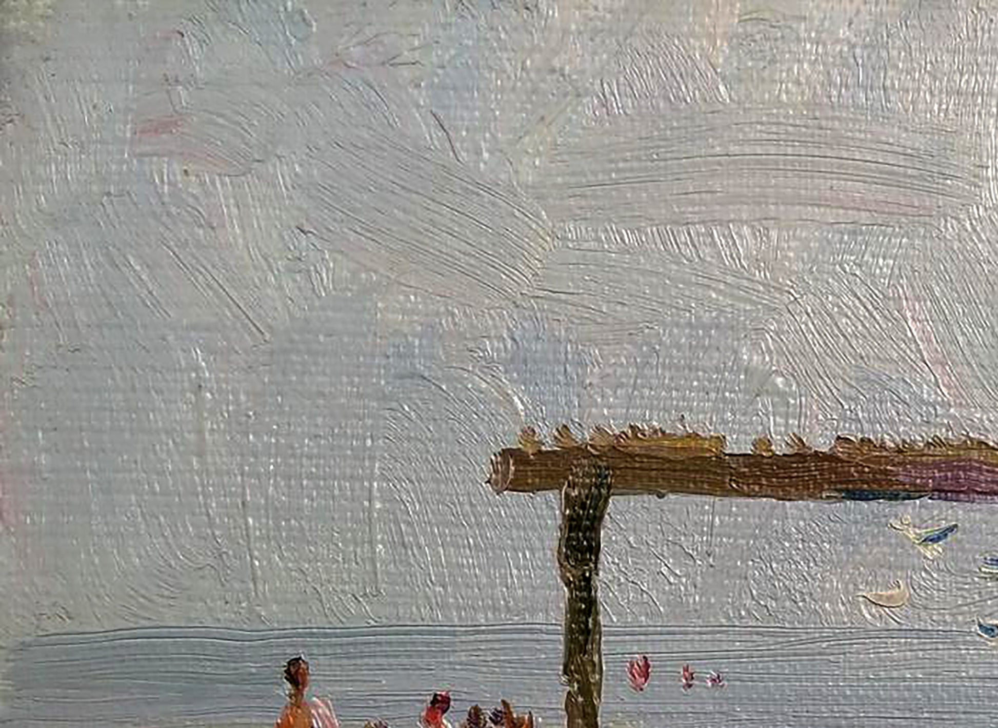 Oil painting Near the river by Yury Konovalov: textured pier over water