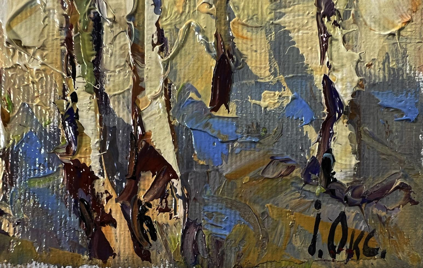 Oil painting Summer day in the village by Oksana Ivanyuk with gold blue brown impasto