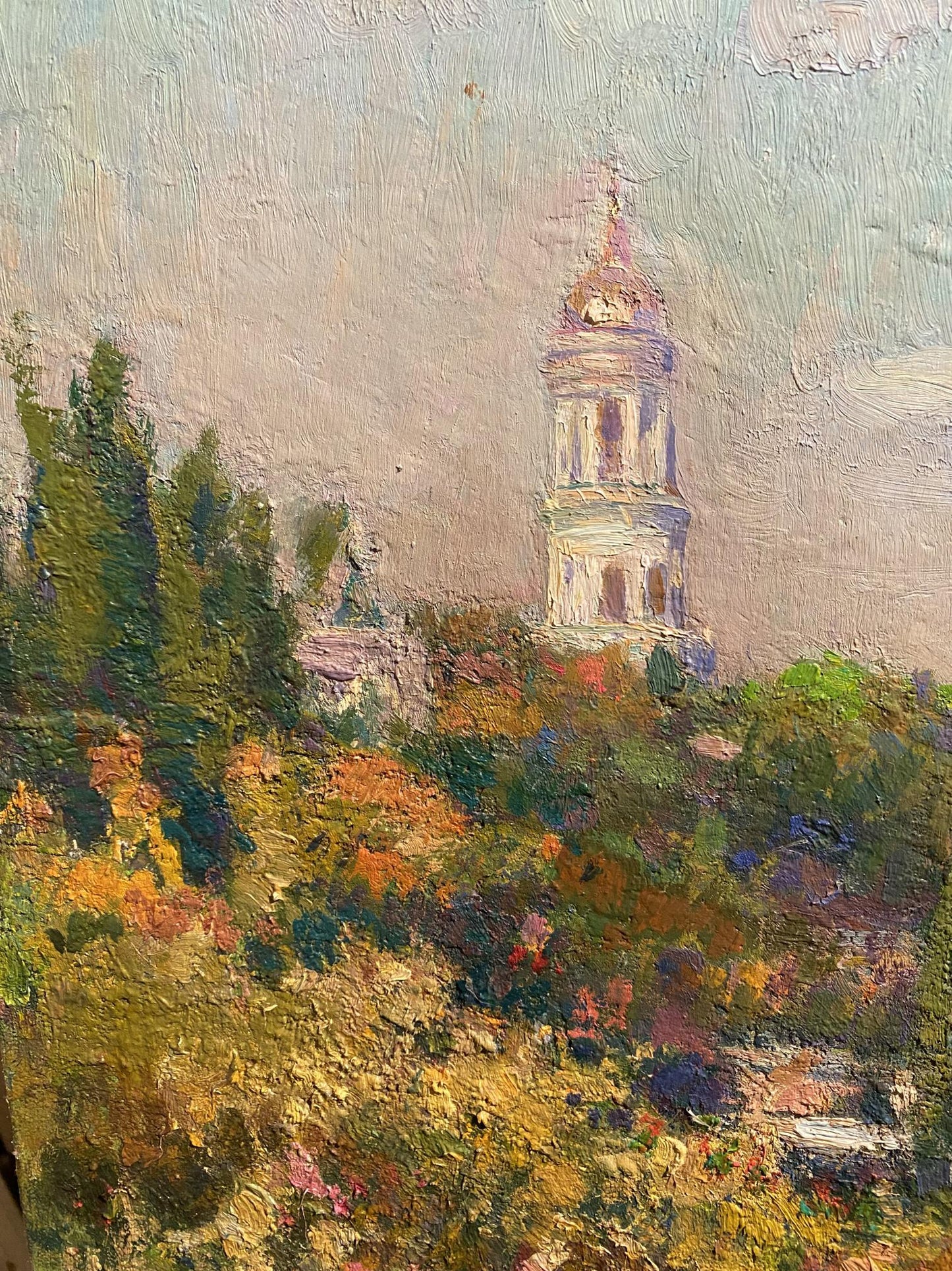 Oil painting Native Kyiv: white tower with golden dome over autumn trees