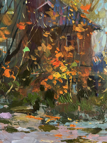 Impressionistic oil painting of autumn old town street by Yuriy Suprunchuk