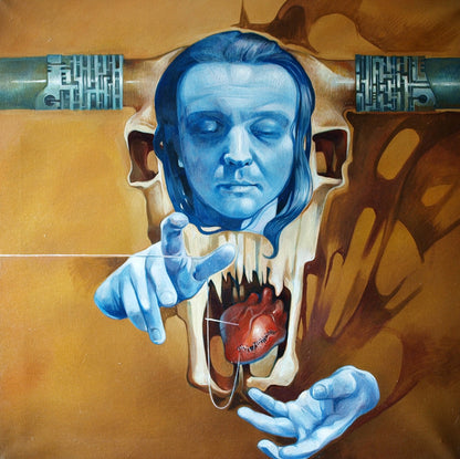 Surreal oil painting by Dharma Konsta G. Amelinn: blue figure emerging from skull holding heart