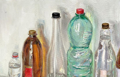 Translucent green ribbed plastic water bottle with red cap by Leonid Pavlenko