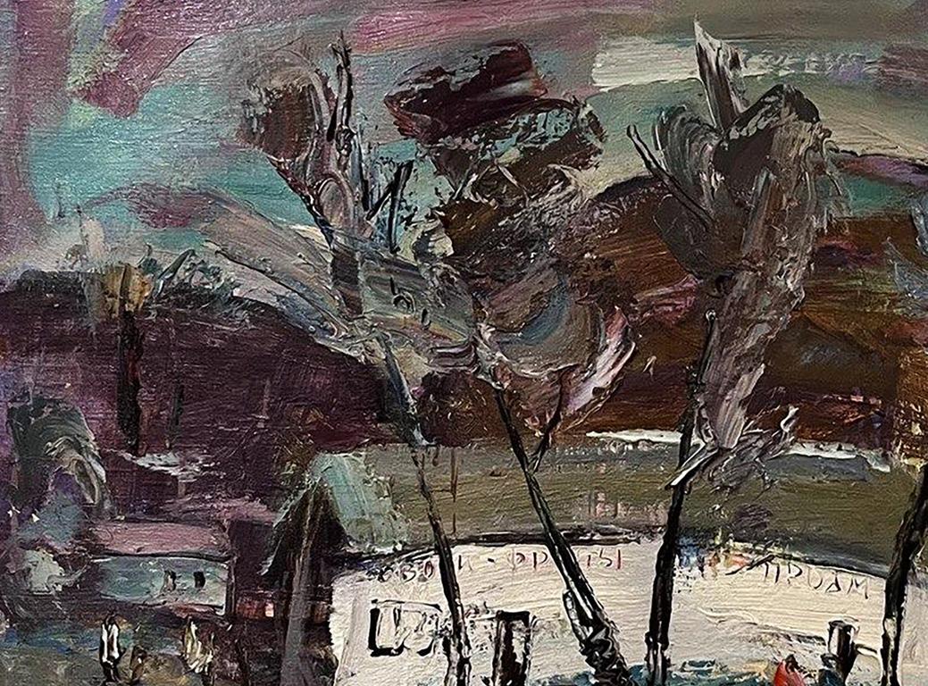 Oleksandr Andreev oil painting Once upon a time in the village, abstract expressionist purples, browns, teal