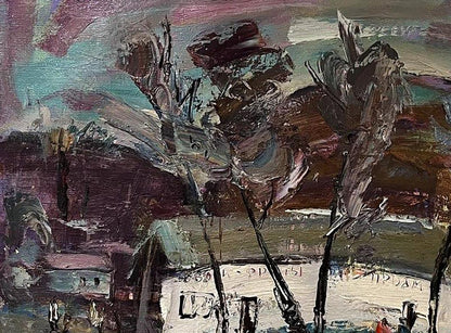 Oleksandr Andreev oil painting Once upon a time in the village, abstract expressionist purples, browns, teal