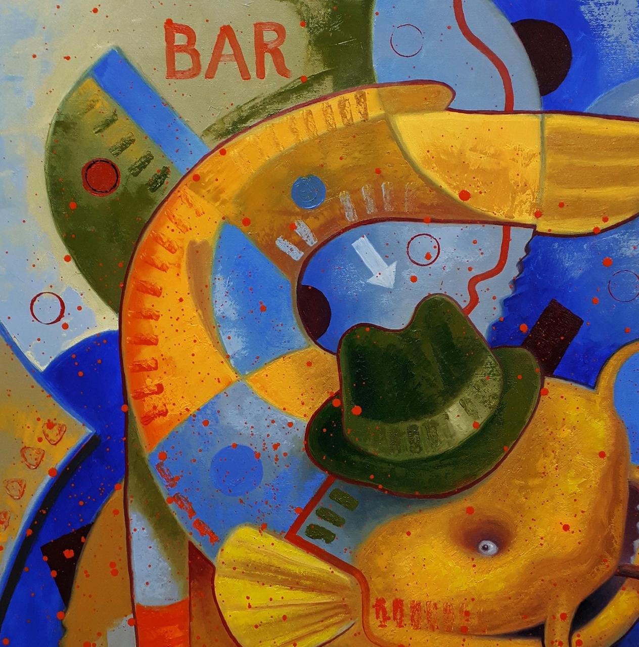Vibrant green fedora atop yellow fish in Sergiy Voichenko oil painting Leaves the bar