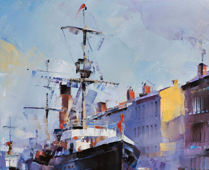 Oil painting Morning Breath by Volodymyr Gluhomanyuk tall ship colorful buildings