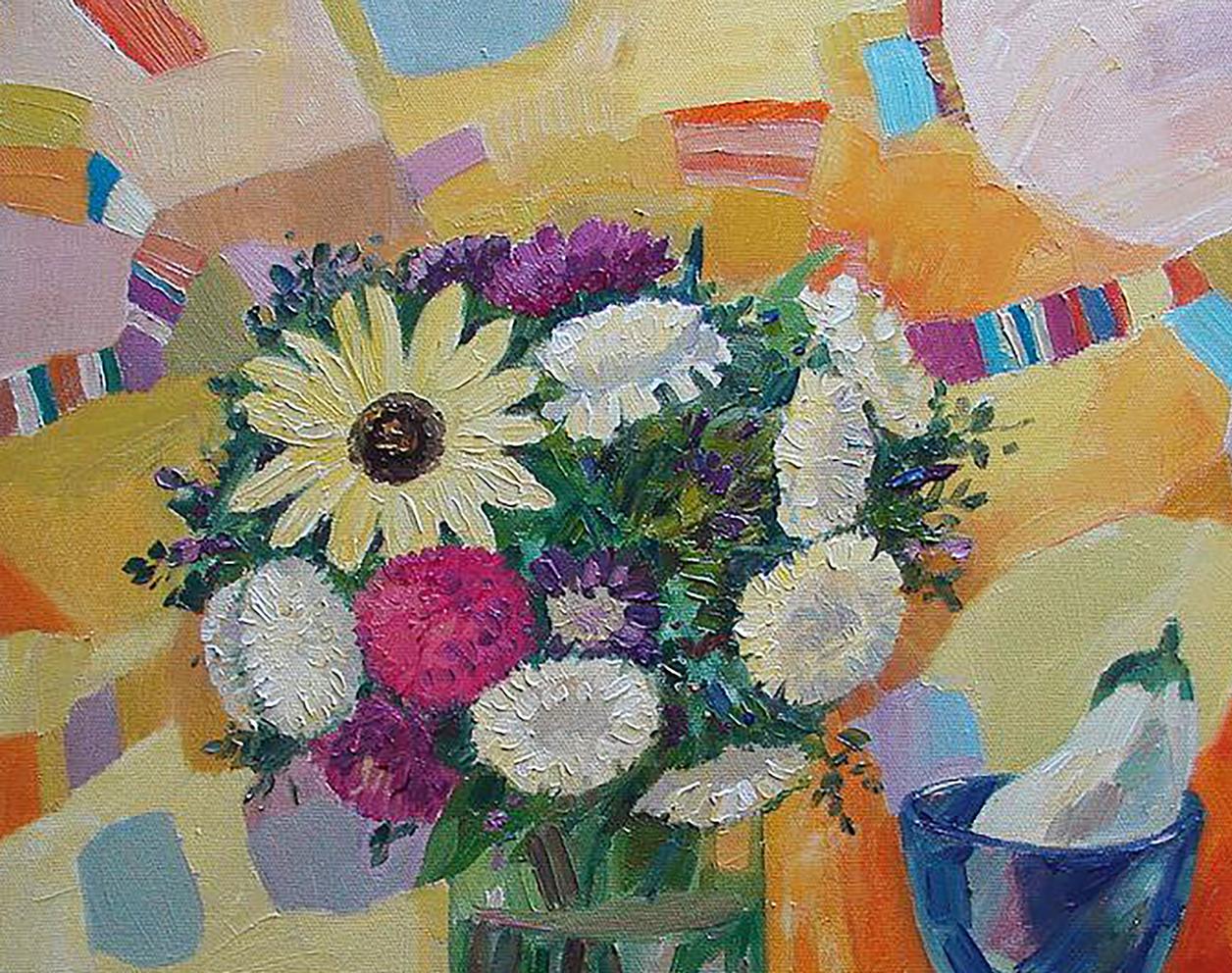 Oil painting Sunny still life by Tatyana Shulyak: vibrant flowers in green vase