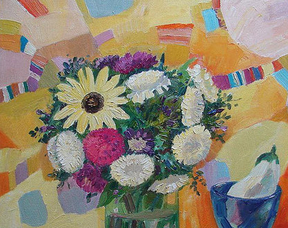Oil painting Sunny still life by Tatyana Shulyak: vibrant flowers in green vase