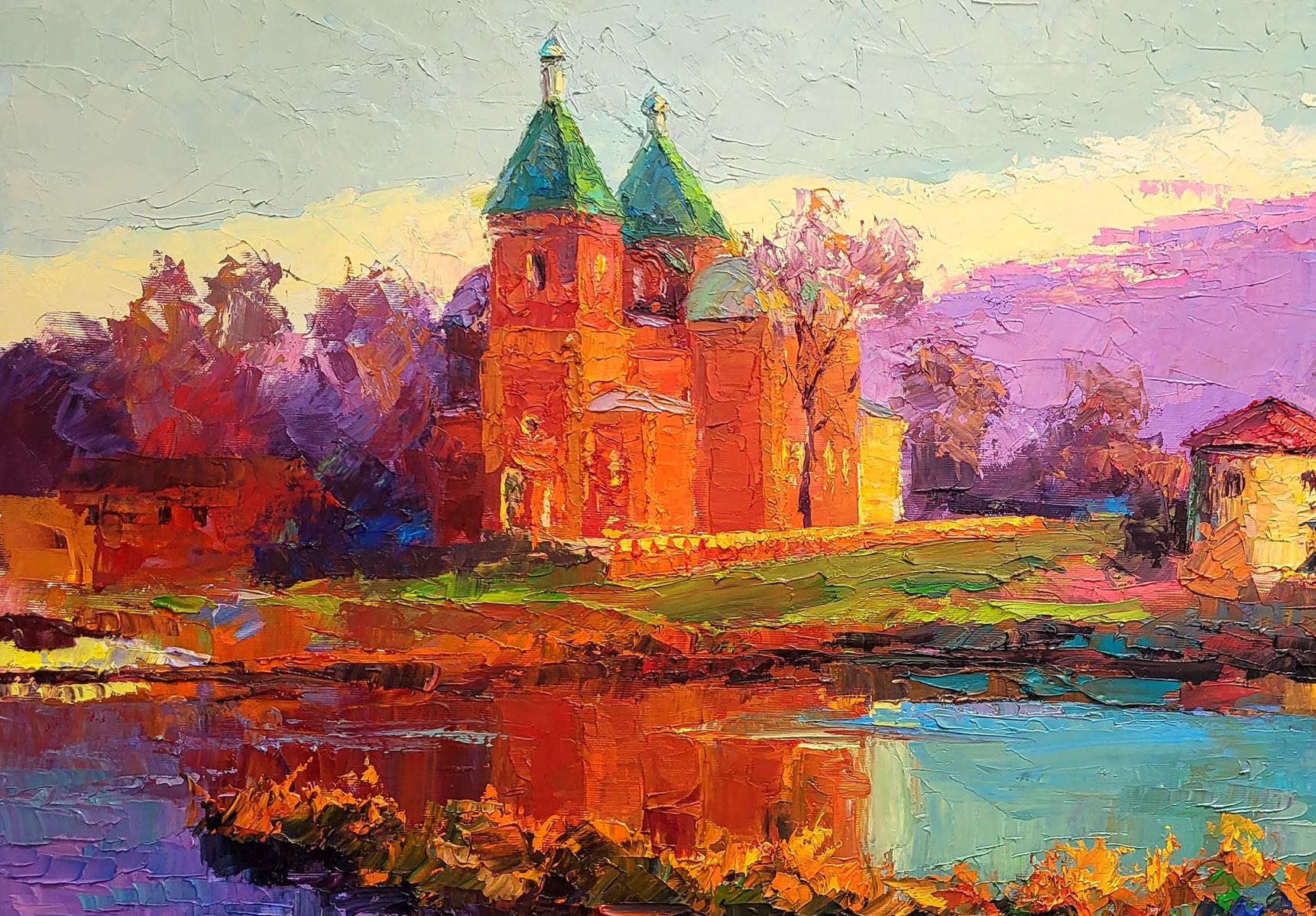 Oil painting Evening near the church by Boris Serdyuk, vibrant impressionist red brick church with green domes reflected in water