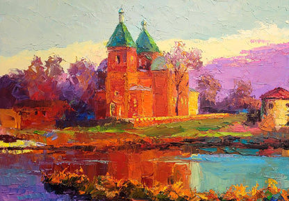 Oil painting Evening near the church by Boris Serdyuk, vibrant impressionist red brick church with green domes reflected in water