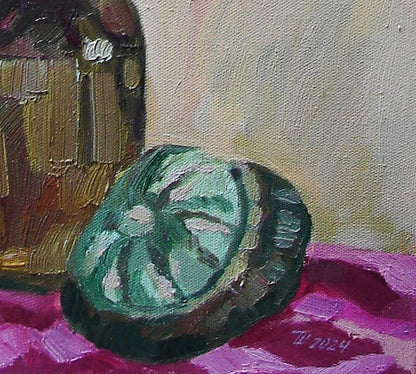 Oil painting of vibrant green lime slice on magenta fabric by Tatyana Shulyak