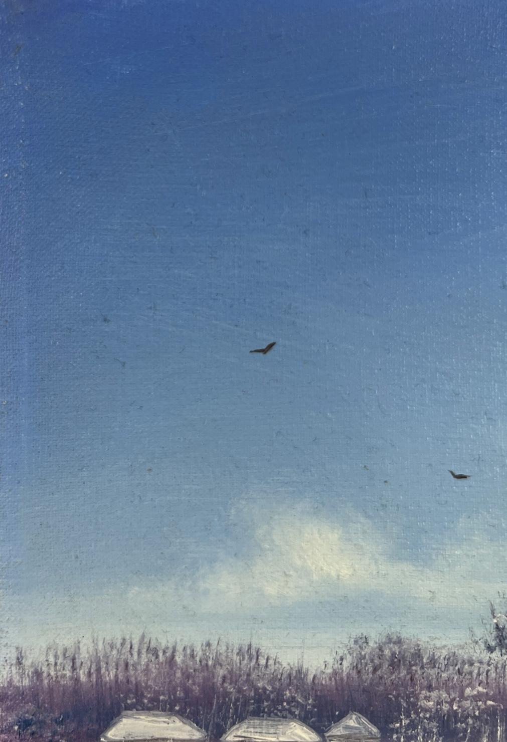 Oil painting of winter dawn landscape by Andrei Bagno with soaring birds