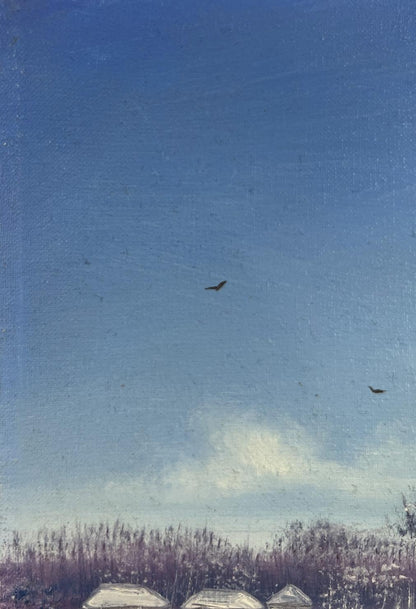 Oil painting of winter dawn landscape by Andrei Bagno with soaring birds