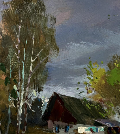 Oil painting of rustic red-roofed cottage and geese by Yuriy Suprunchuk