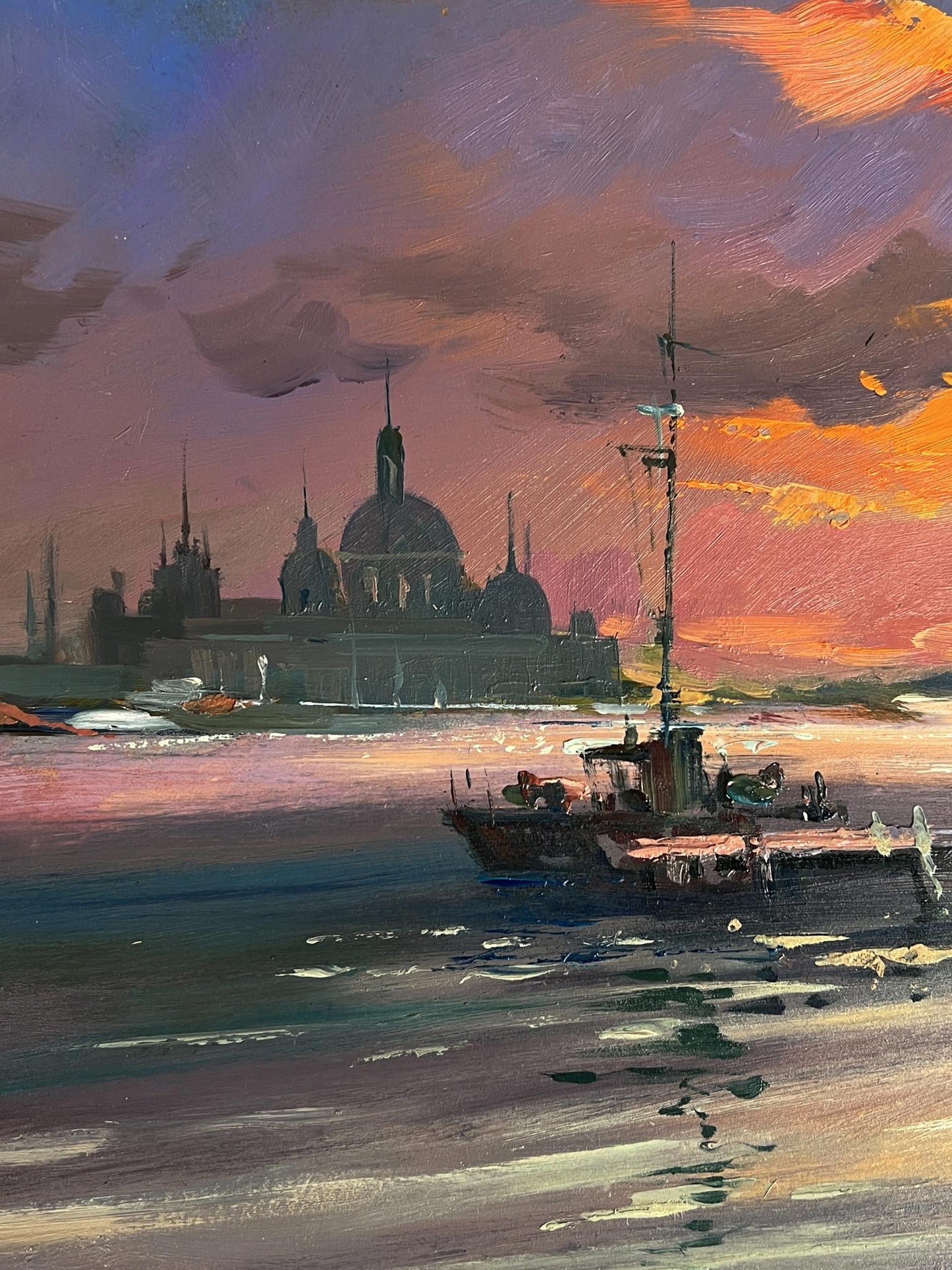 Oil painting of weathered fishing boat at evening dock by Yuriy Suprunchuk