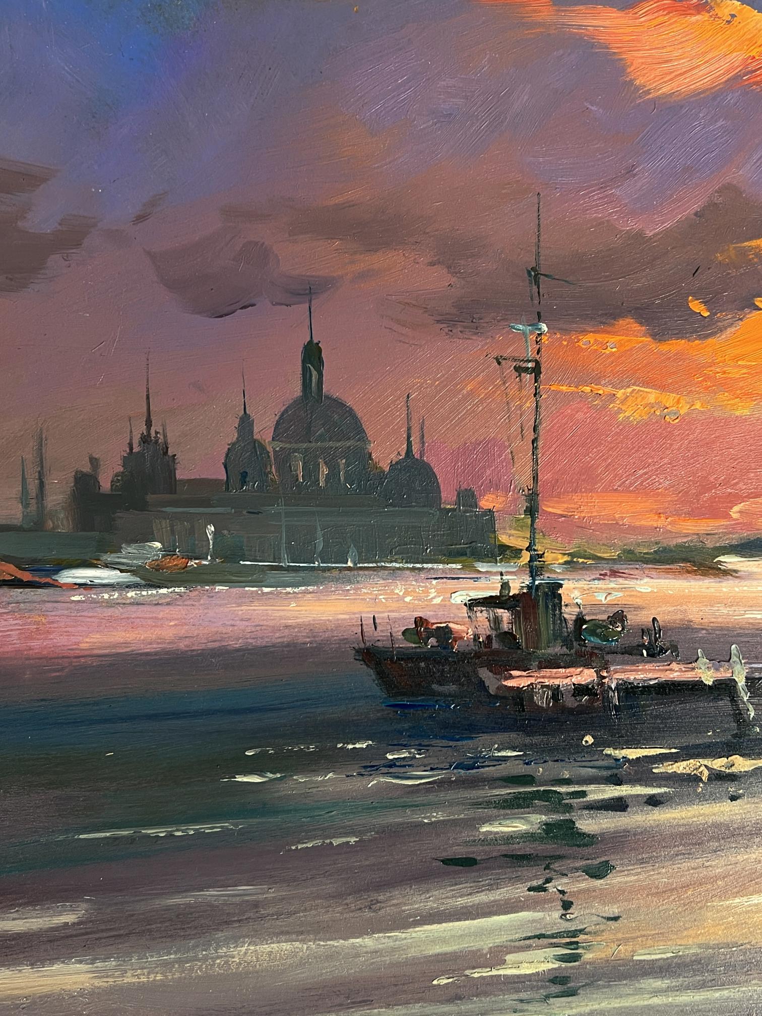 Oil painting of weathered fishing boat at evening dock by Yuriy Suprunchuk