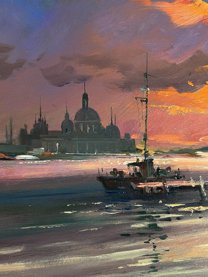 Oil painting of weathered fishing boat at evening dock by Yuriy Suprunchuk