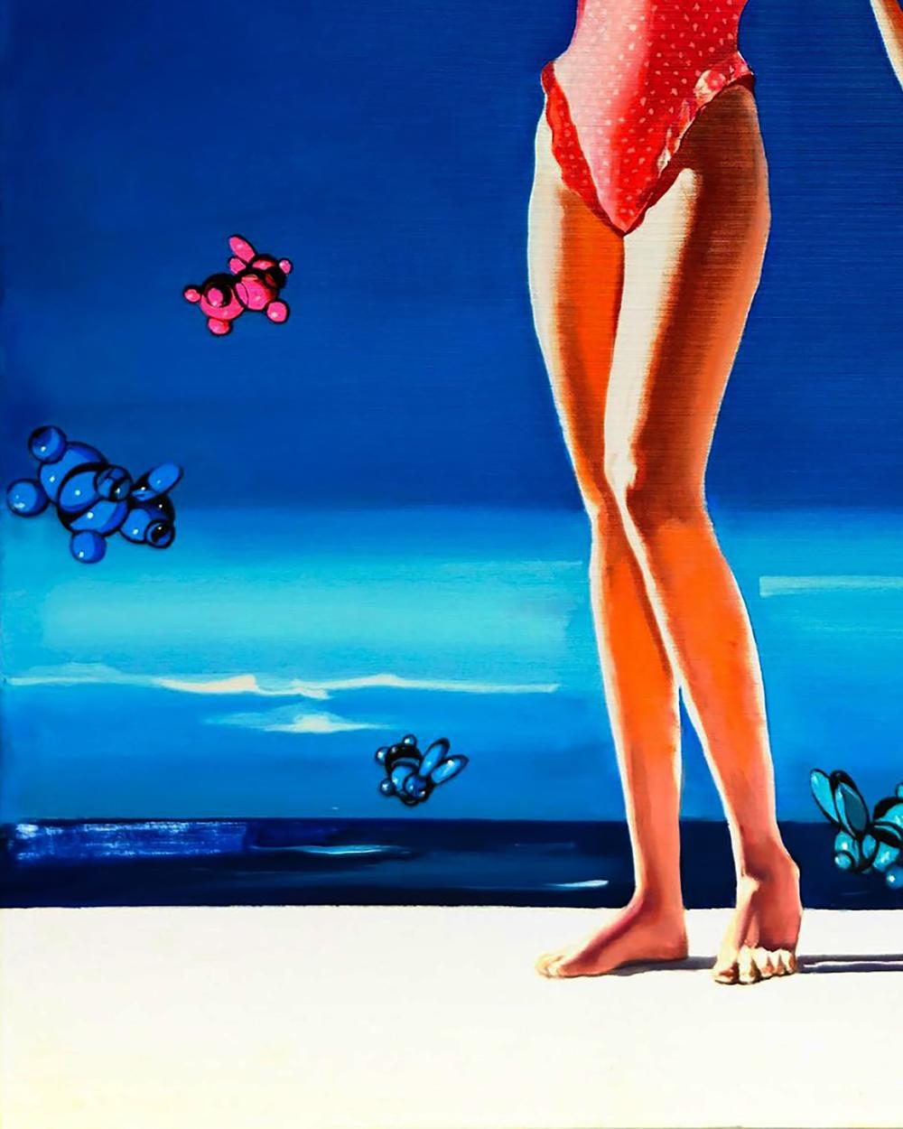 Vibrant red polka dot one-piece swimsuit in Igor Konovalov oil painting Girls at the sea