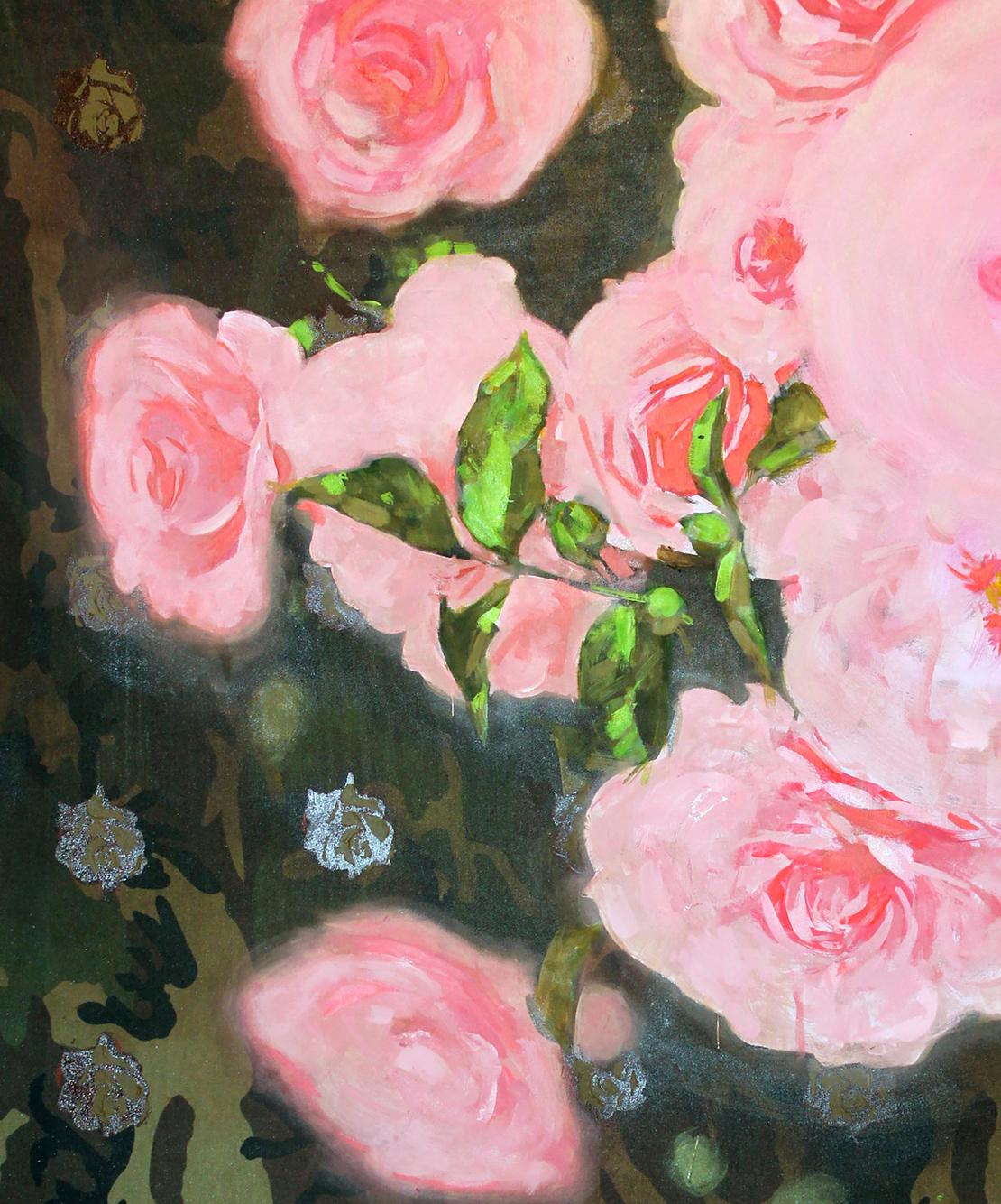 Vibrant oil painting Briar Ed Potapenkov of pink roses and green leaves on dark background