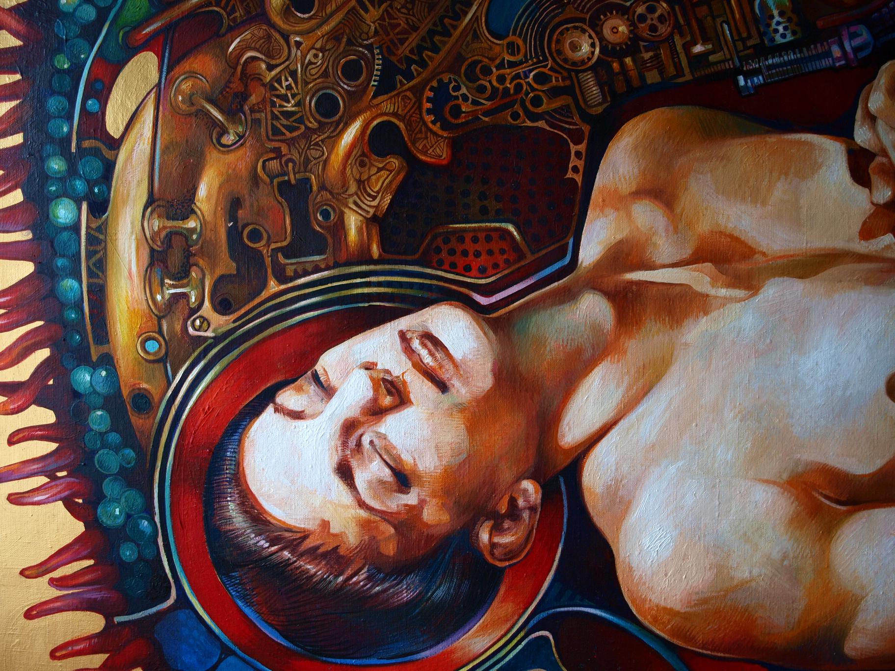 Surreal oil painting Overcoming the Singularity by Konsta G. Amelinn: nude figure in golden gear helmet