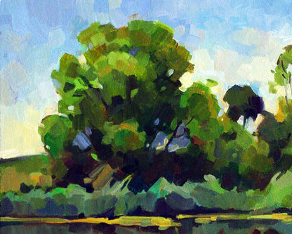 Impressionistic lush green tree by river near village, Anastasia Yaroshevich oil painting