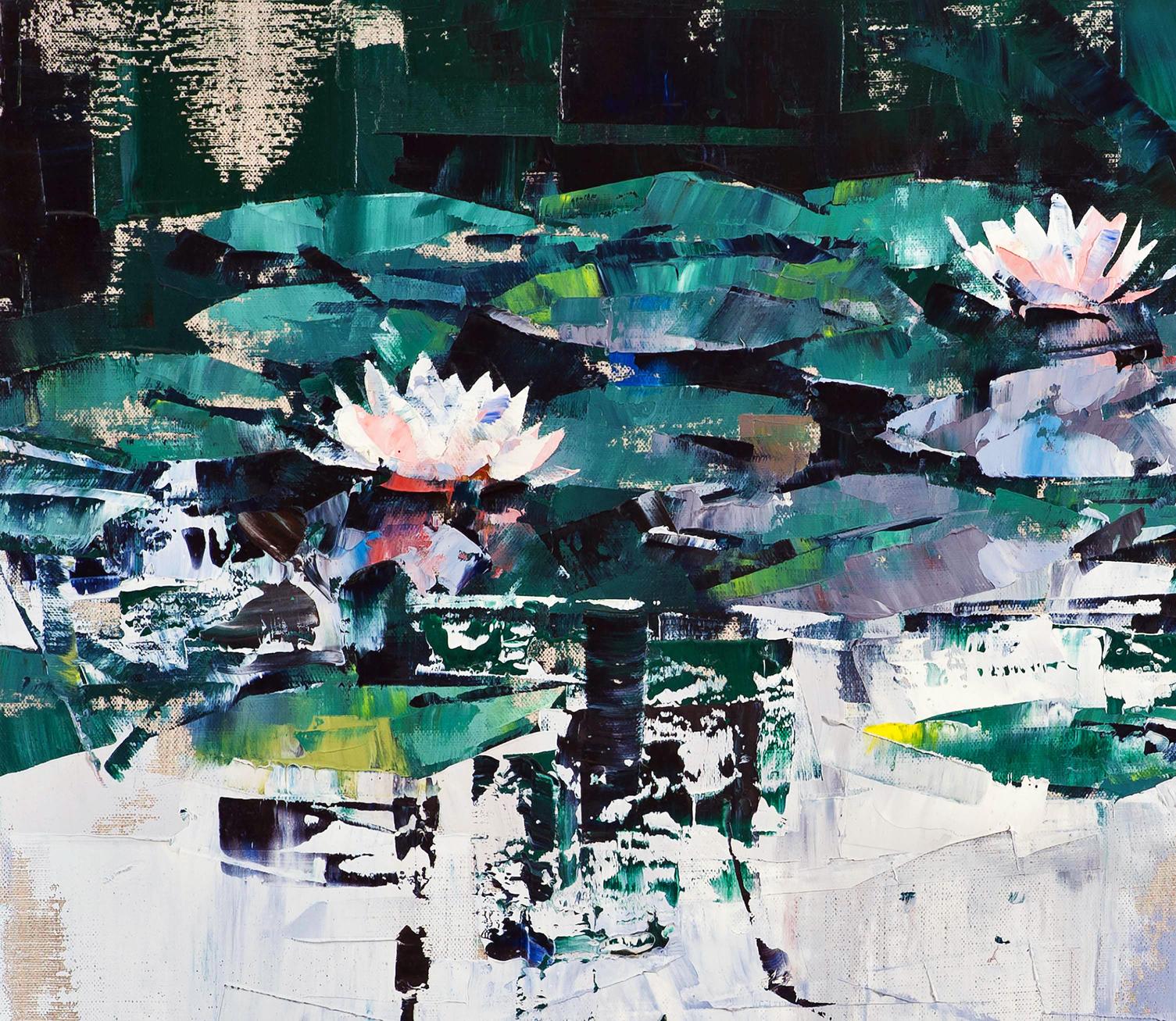 Oil painting Water lilies by Volodymyr Gluhomanyuk with pink-centered white lilies
