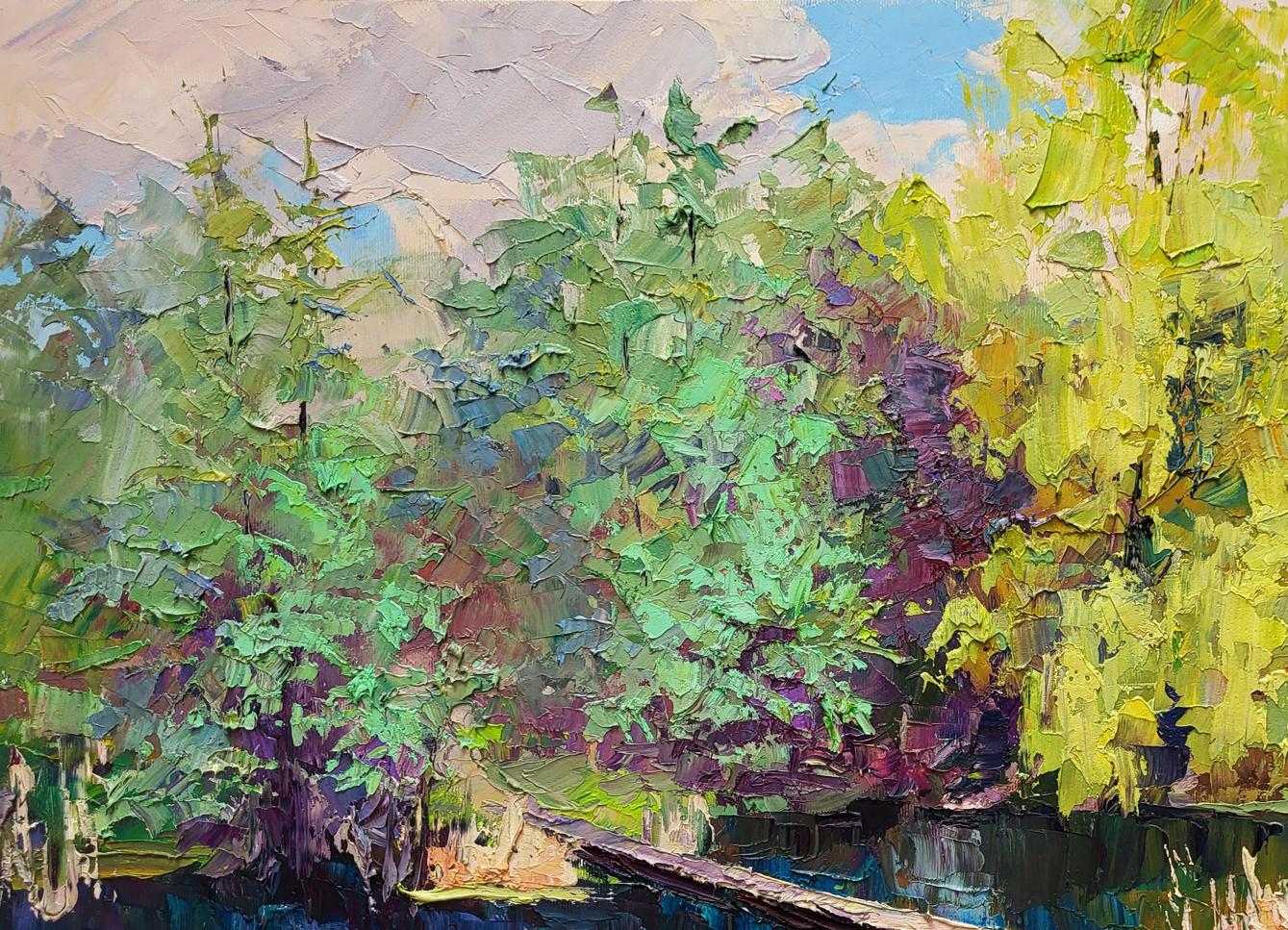 Vibrant impressionist oil painting of Boris Serdyuk bridge in forest