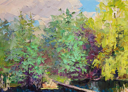 Vibrant impressionist oil painting of Boris Serdyuk bridge in forest