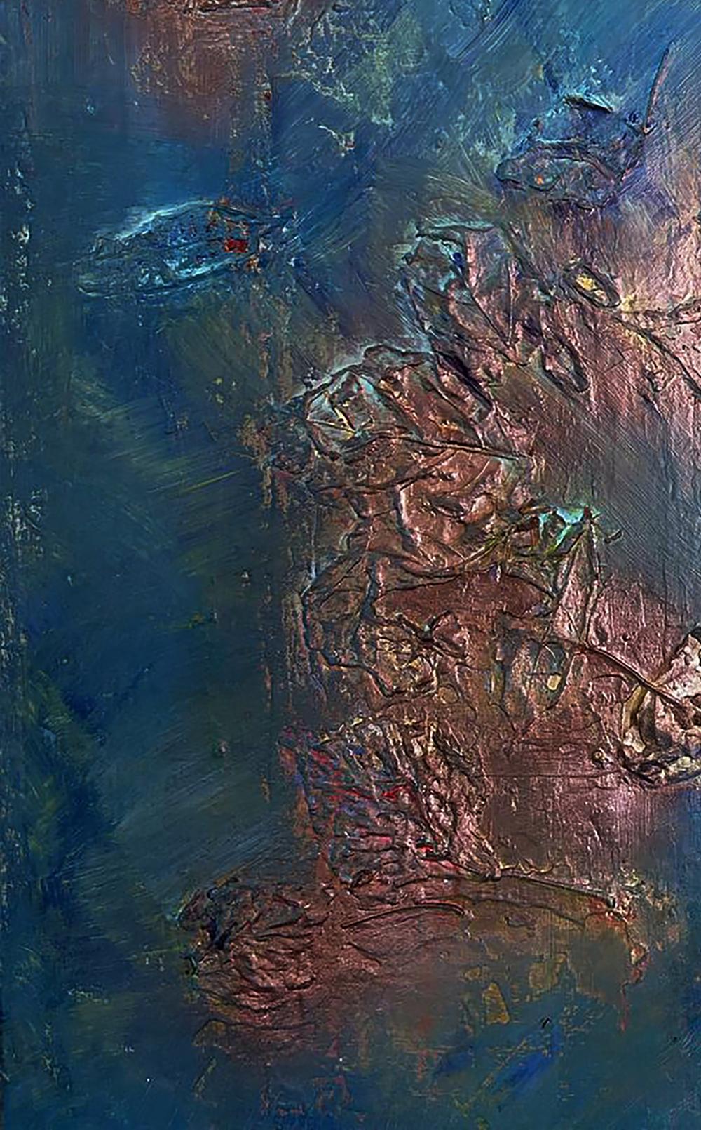 Abstract impasto painting Leaves in water by Olga Melezhik in blues copper