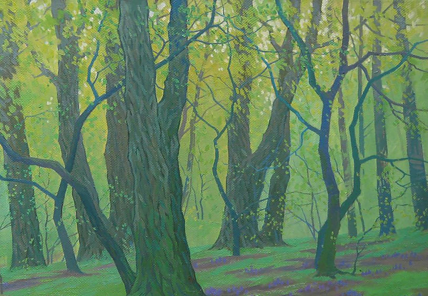 Oil painting Spring thickets by Valery Savenets: vibrant forest with purple flowers