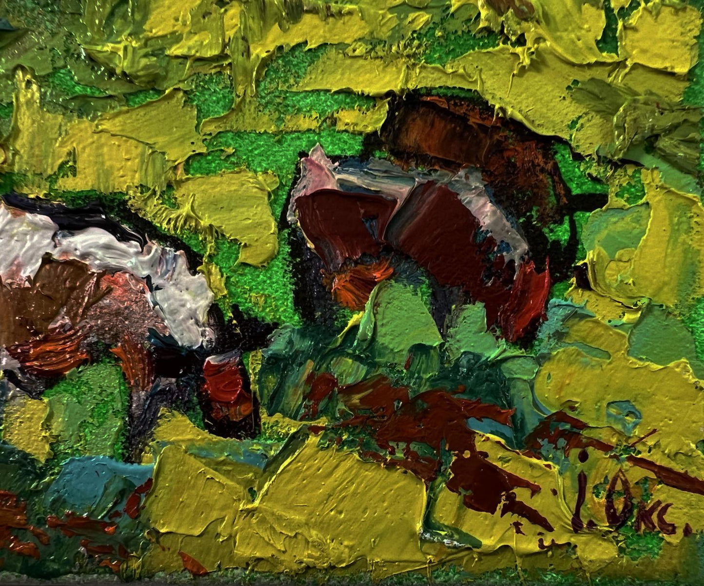 Oil painting of cows grazing in meadow by Oksana Ivanyuk