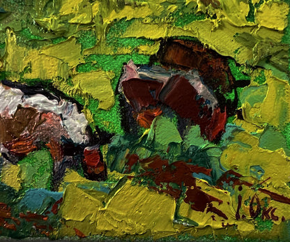 Oil painting of cows grazing in meadow by Oksana Ivanyuk
