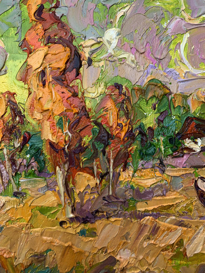 Vibrant oil painting of grazing cows by Ivanyuk Oleksiy in orange, green, purple