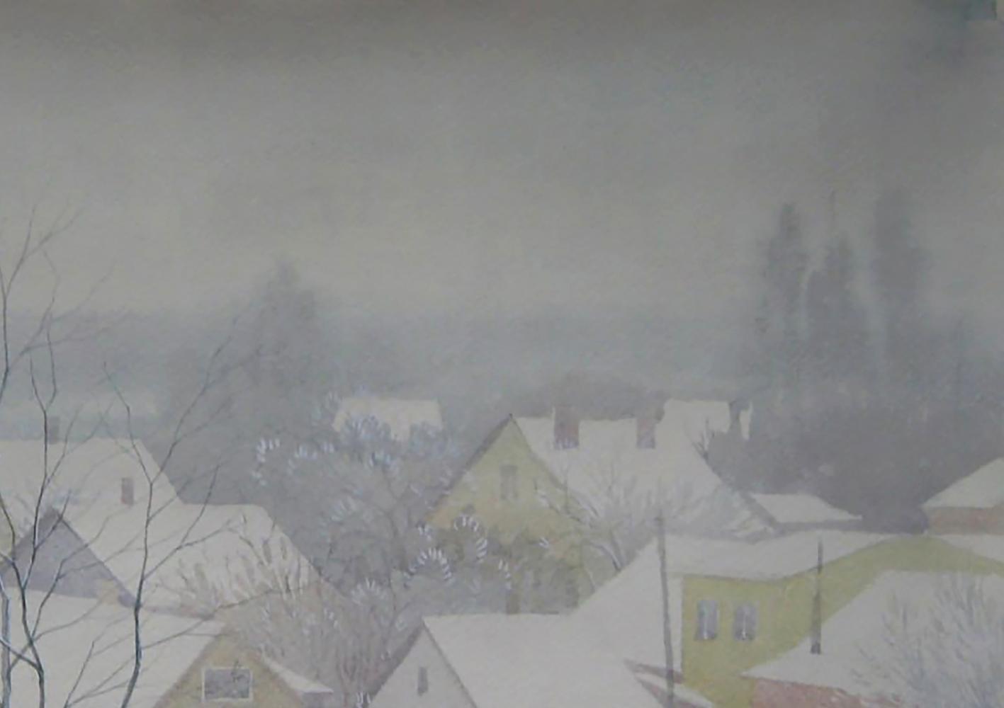 Soft watercolor painting of snowy morning village by Valery Savenets