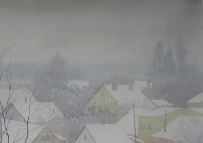 Soft watercolor painting of snowy morning village by Valery Savenets