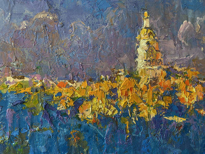Oil painting The sun is setting by Oleksiy Ivanyuk: golden pagoda at sunset