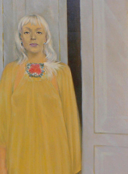 Oil painting portrait of white-haired woman in yellow dress with red silver brooch by Vasily Korkishko