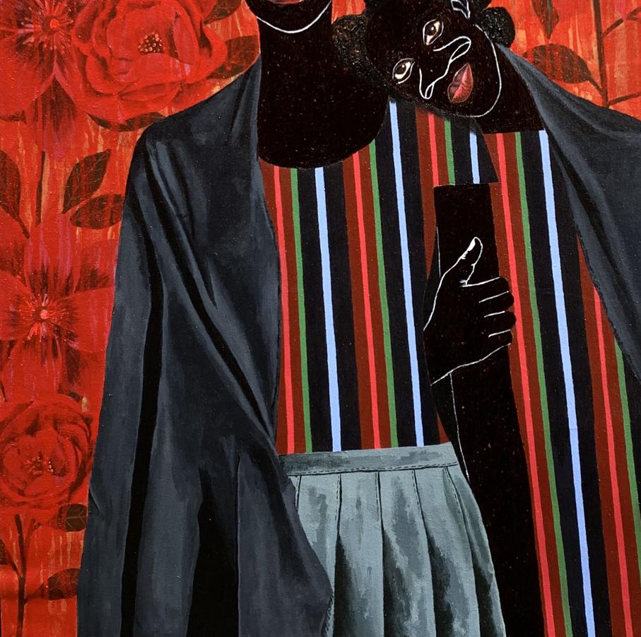 Stylized black figure in blue velvet coat and striped shirt, Support Among the Red Flowers by Akintomide Akinshola acrylic painting