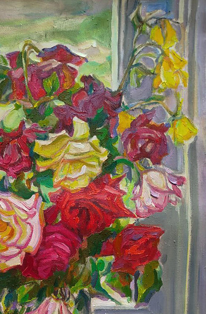 Vibrant impressionistic oil painting of Leonid Pavlenko’s rose bouquet on balcony