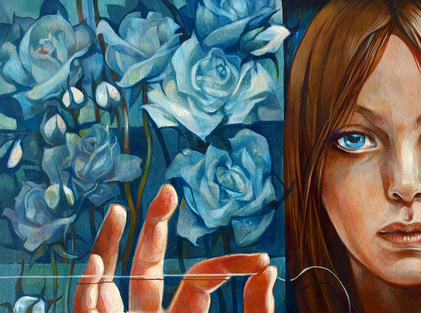 Oil painting Garden of Delights Konsta G. Amelinn: young woman with blue eyes reaching for blue roses