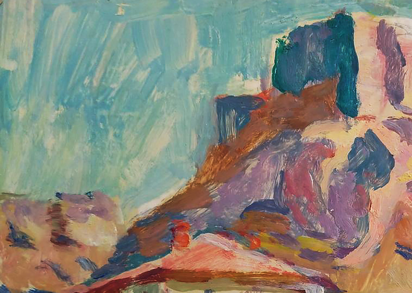 Abstract Central Asia oil painting by Yury Konovalov in teal purple orange brown
