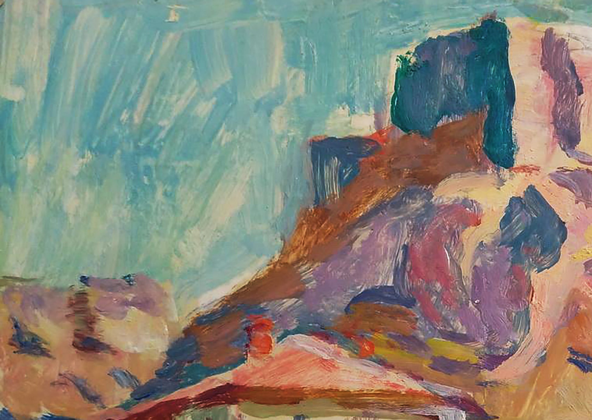 Abstract Central Asia oil painting by Yury Konovalov in teal purple orange brown