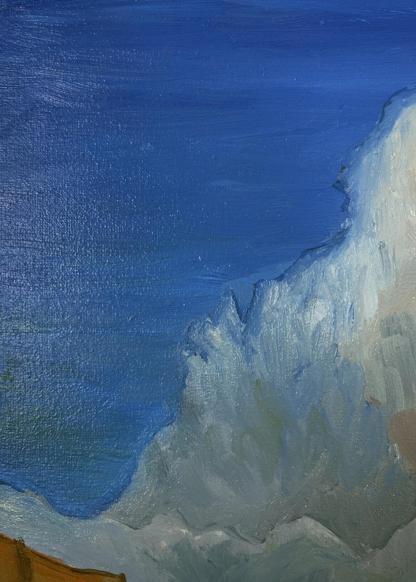 Oil painting Journey to the Mountains with blue sky and clouds
