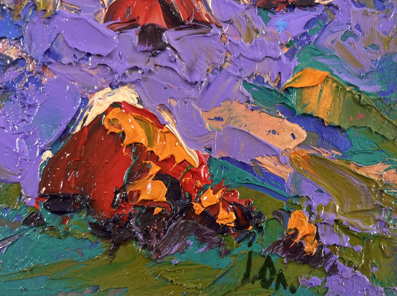 Vibrant red orange impasto mountains in Oleksiy Ivanyuk blue distance dreams oil painting