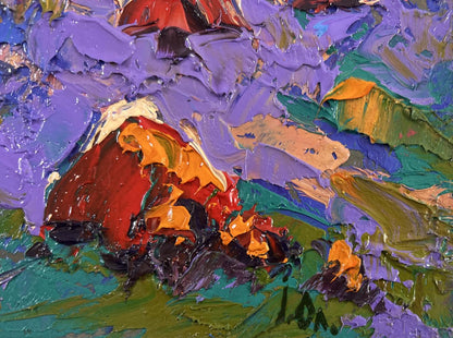 Vibrant red orange impasto mountains in Oleksiy Ivanyuk blue distance dreams oil painting