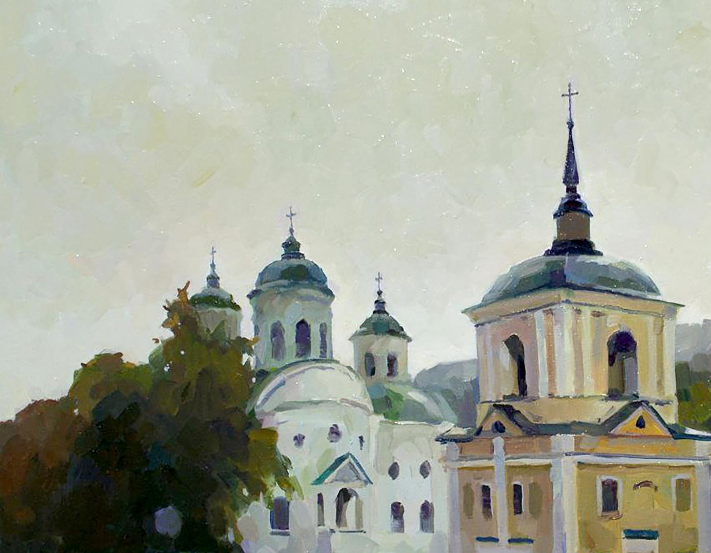 Impressionistic oil painting of pale church on nasty day by Anastasia Yaroshevich