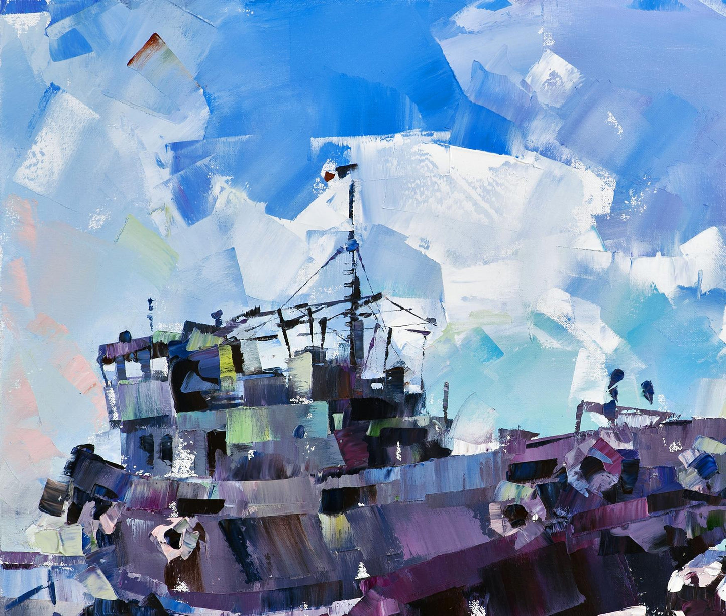 Abstract ship in blues and purples by Volodymyr Gluhomanyuk, Always strong oil painting